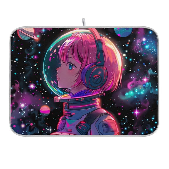 Astronaut Girl in Space Dish Drying Mat 16x18 Absorbent Microfiber Draining Rack Pad for Kitchen Counter Sink