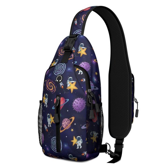 Astronaut and Heart Black Pattern Sling Backpack, Casual Day Sling Pack with Earphone Port, Breathable Padded Back Gift Ideas for Hiking Cycling Walking