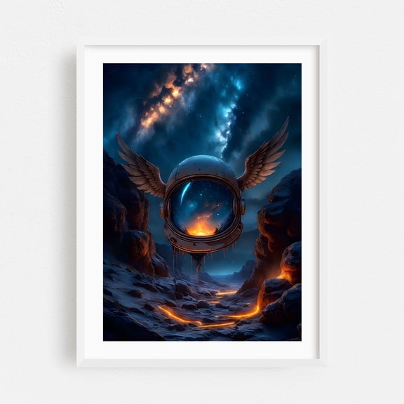 Astronaut Helmet in Space - Digital Art Surrealism Astronaut Space Fantasy Milky Way Sci-Fi Cosmic White Framed Wall Art Print 5 x 7 inches