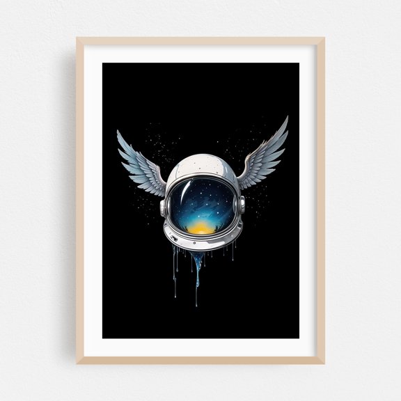 Astronaut Helmet with Wings - Digital Art Astronaut Surrealism Space Fantasy Modern Art Stars Oak Framed Wall Art Print 5 x 7 inches