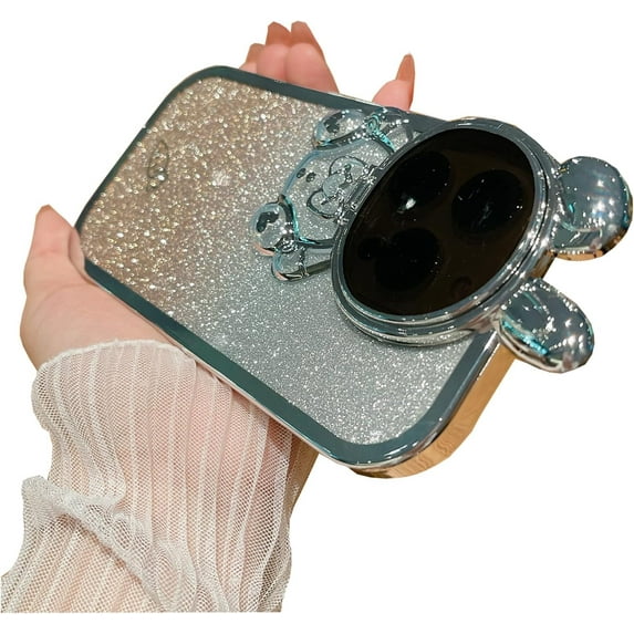 Astronaut Hidden Stand Phone Case for iPhone 12 Pro Max,Cute Rabbit Astronaut Lens Camera Protector Kickstand Luxury Glitter Bling 6D Electroplated Clear Soft TPU Case for Women Silver