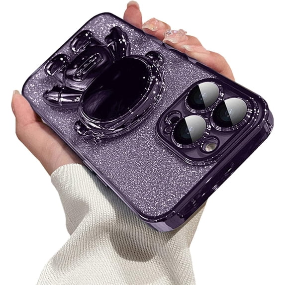 Astronaut Hidden Stand Phone Case for iPhone 13 Pro,Cute Astronaut Lens Camera Protector Kickstand Luxury Glitter Bling 6D Electroplated Clear Soft TPU Protector for Men Women Purple