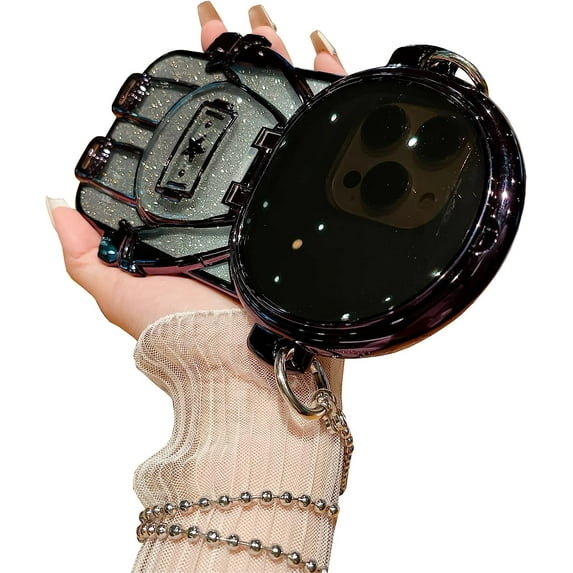 Astronaut Hidden Stand Phone Case for iPhone 13 Pro Max,Cute 3D Astronaut Lens Camera Protection Kickstand Luxury Glitter Bling Soft TPU Protector with Mirror Metal Chain for Women Black