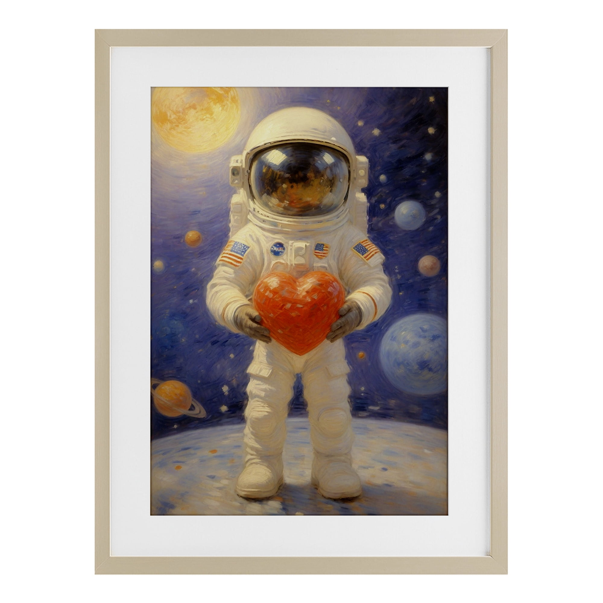 Astronaut Holding Heart Birch Framed Print Under Glass, design by Angie Hawke