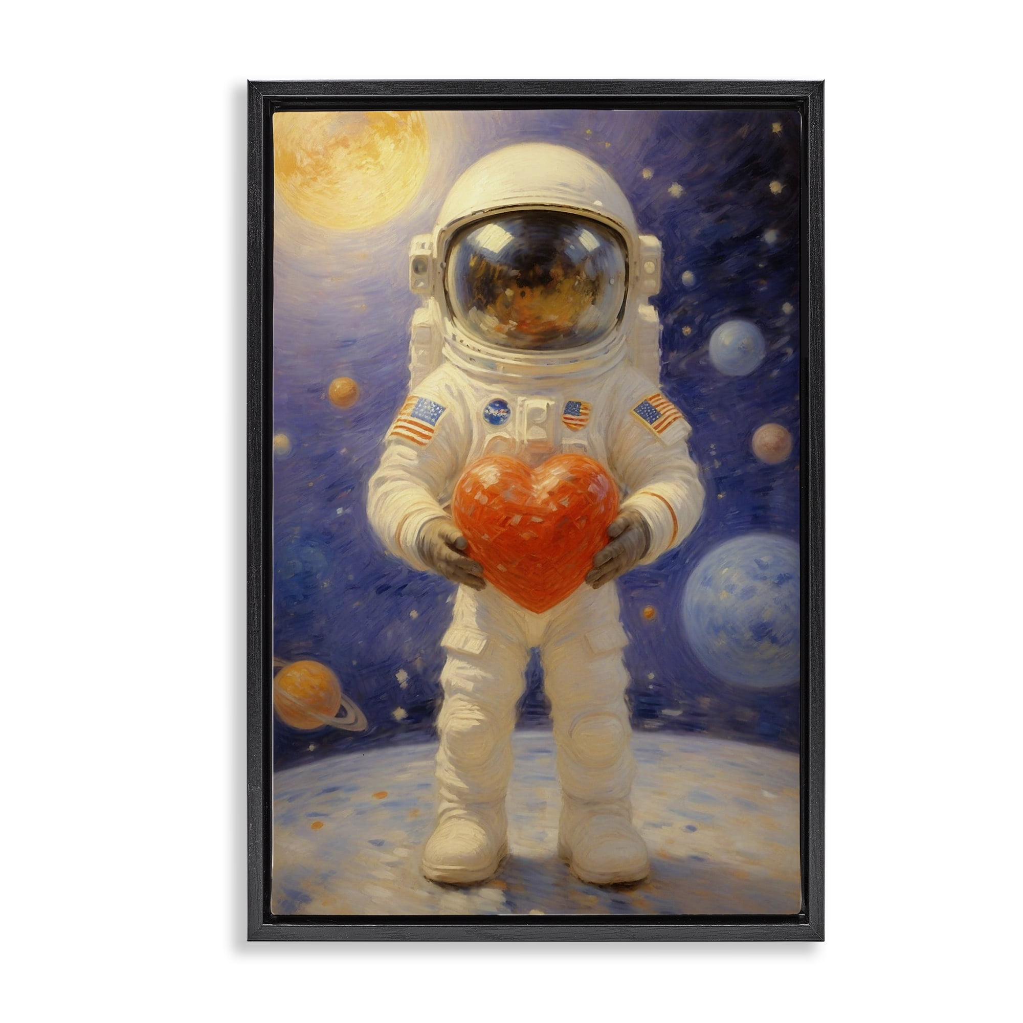 Astronaut Holding Heart Black Framed Floater Canvas Wall Art, design by Angie Hawke