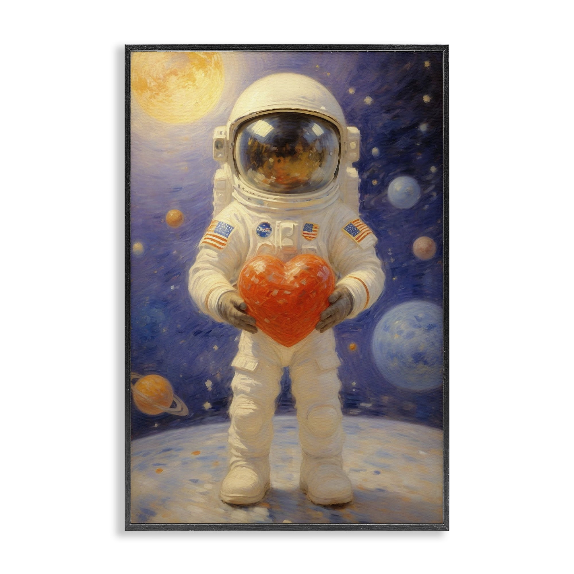 Astronaut Holding Heart Black Framed Giclee Art, design by Angie Hawke