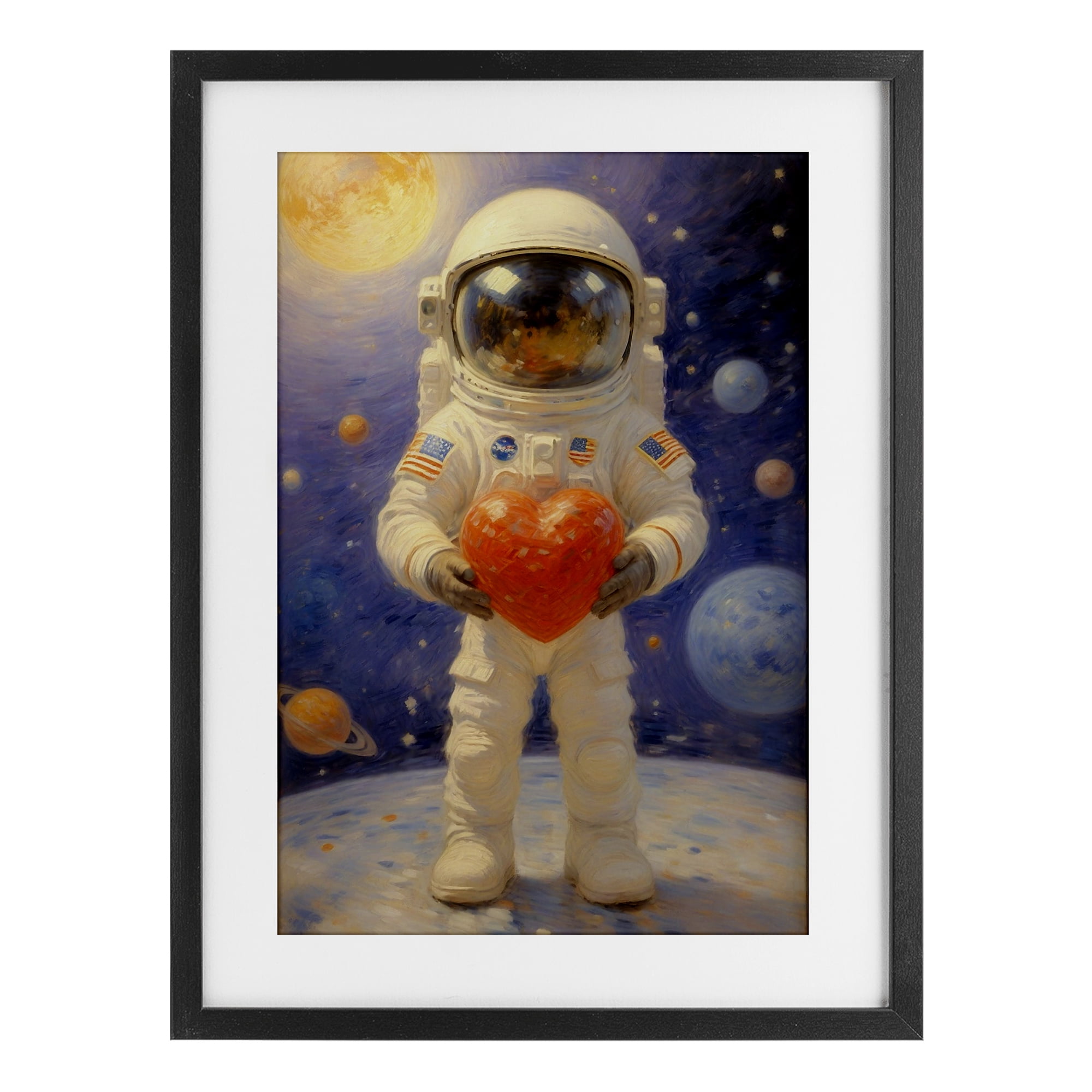 Astronaut Holding Heart Black Framed Print Under Glass, design by Angie Hawke