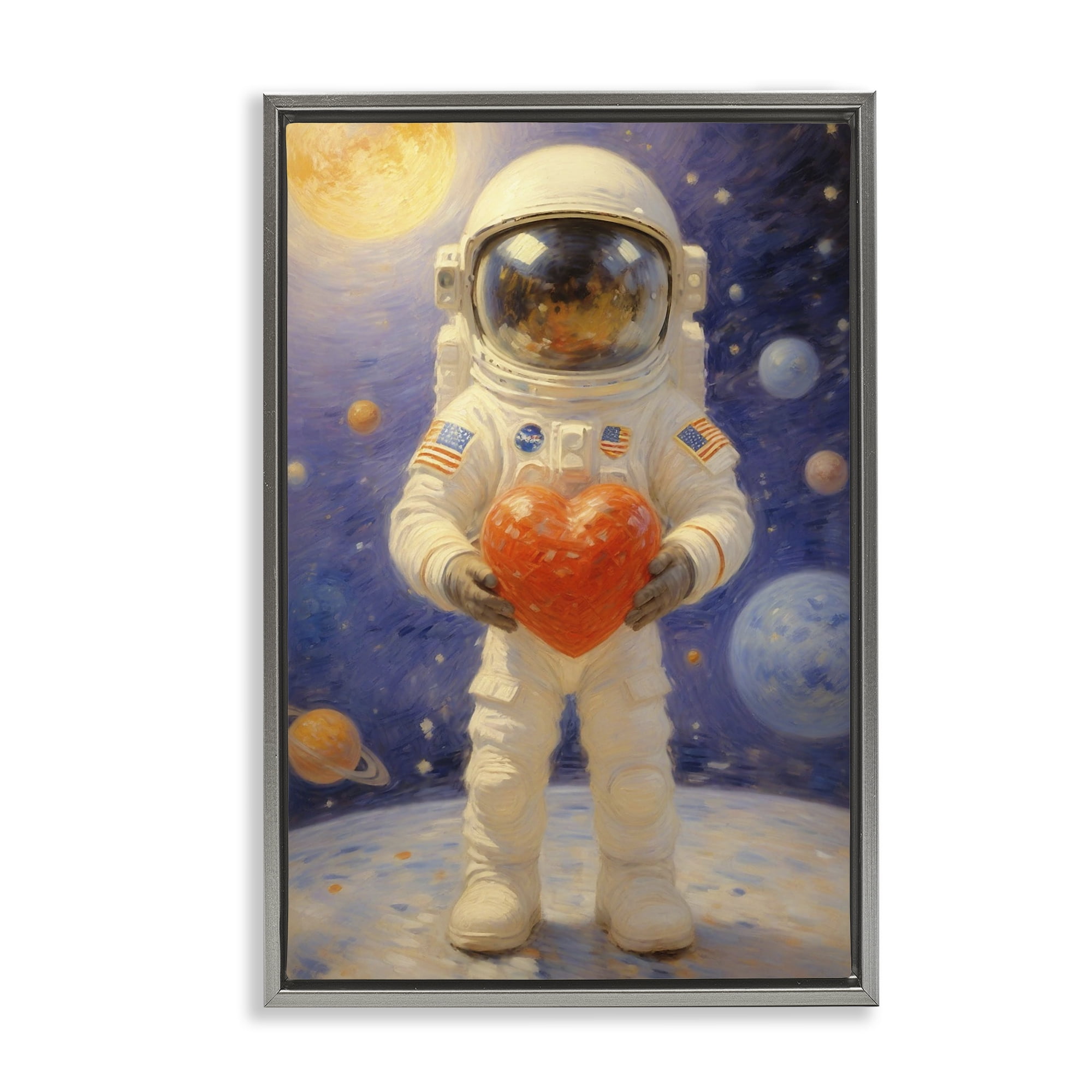 Astronaut Holding Heart Gray Framed Floater Canvas Wall Art, design by Angie Hawke