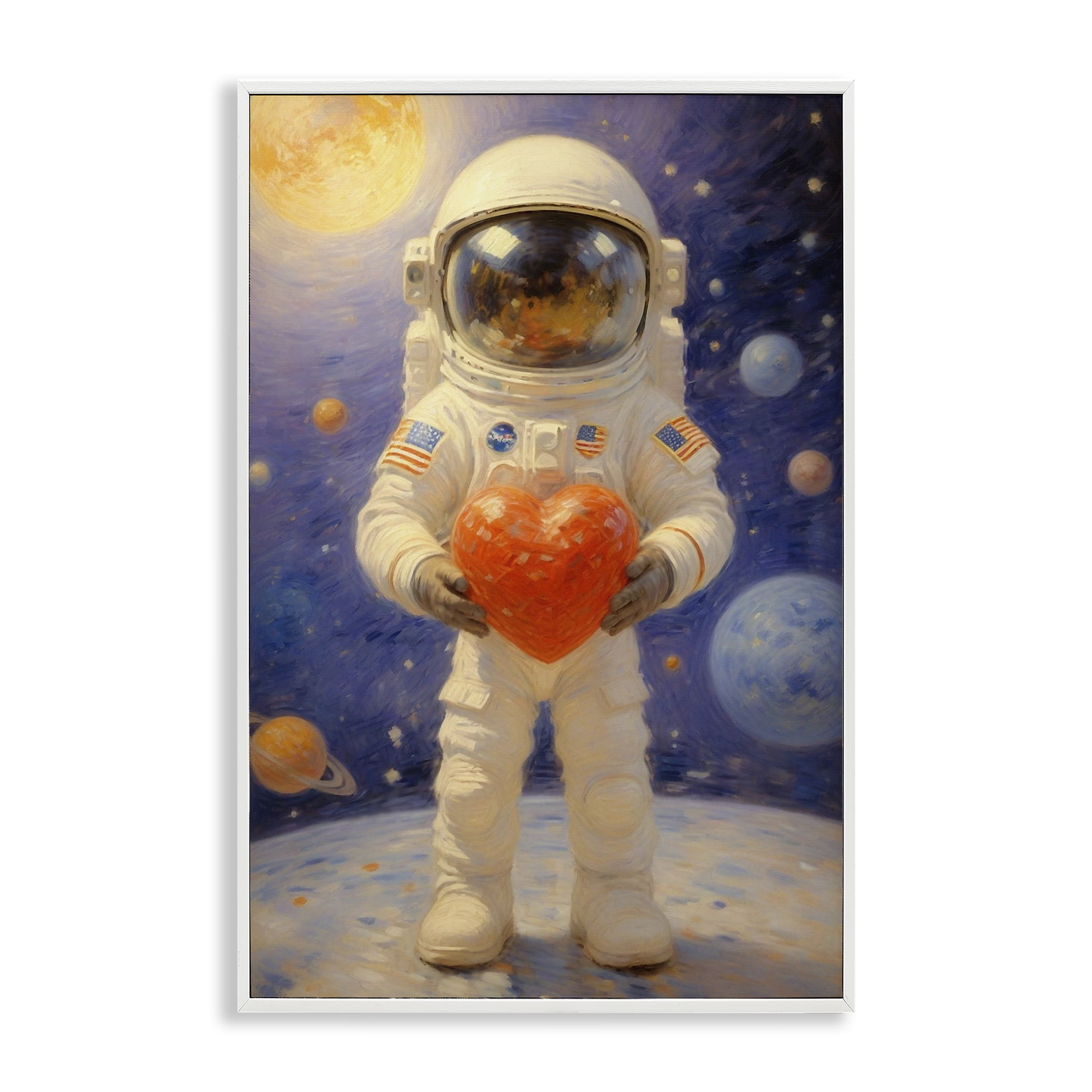 Astronaut Holding Heart White Framed Giclee Art, design by Angie Hawke