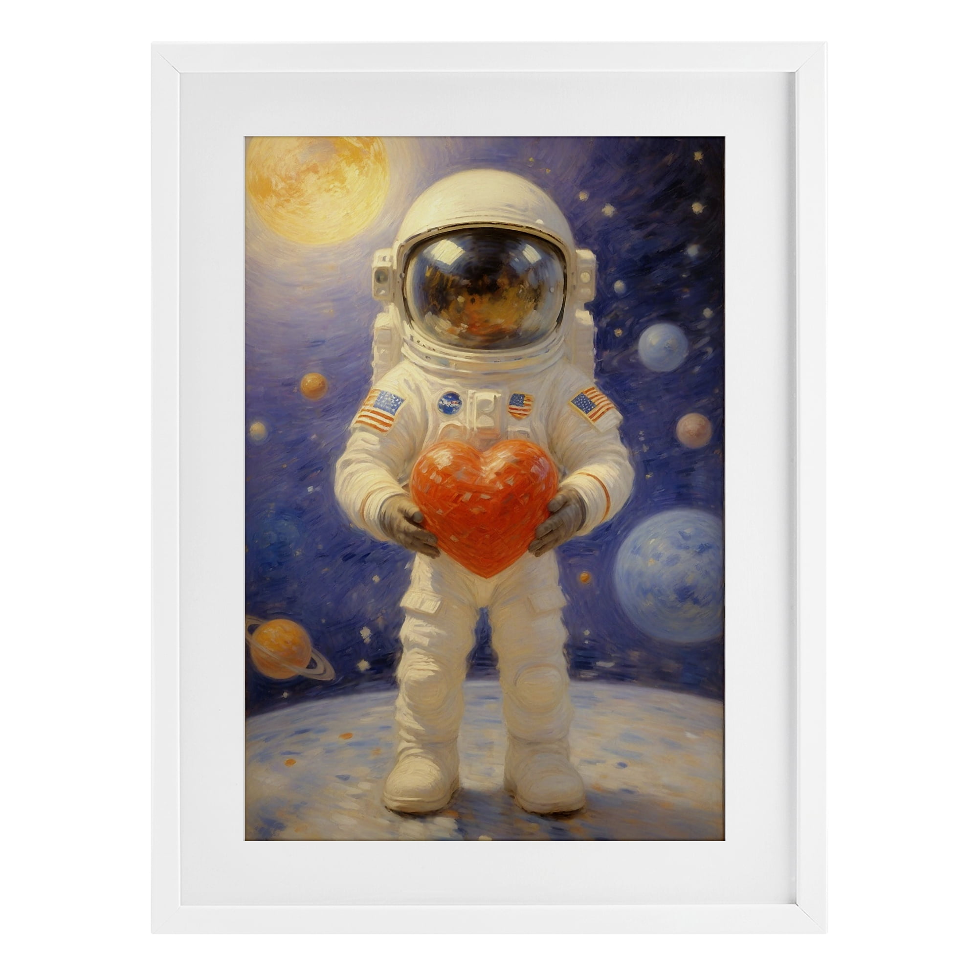 Astronaut Holding Heart White Framed Print Under Glass, design by Angie Hawke