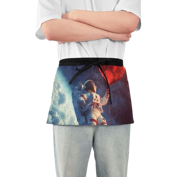 Astronaut Holding Heart-shaped Balloon Short Server Apron with 3 Pockets for Unisex Chef Gardening