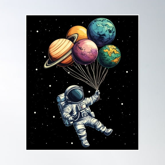 Astronaut Holding Planet Balloons Space Poster Wall Art, Modern Wall Decor, 8x12 UNFRAMED