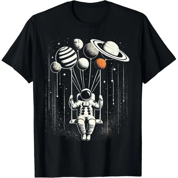 Astronaut Holding Planet Balloons Teen Boys Girls Kids T-Shirt