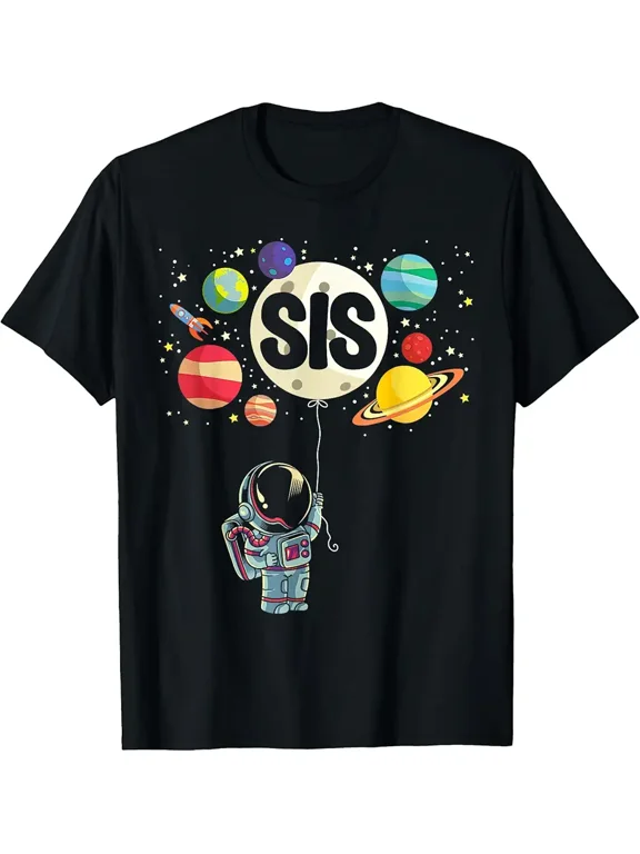 Astronaut Holding Sis Planet Balloon Space Solar System Graphic T Shirt For Kids Boy Girl Cute Funny Birthday Gift Unisex Short Sleeve Cotton Tee
