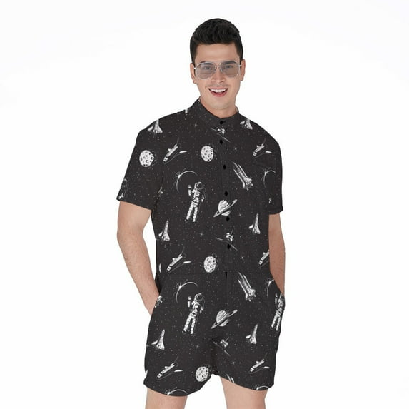 Astronaut In Space Pattern Short Sleeve Men'S Rompers, Space Astronaut Casual Summer Jumpsuits Outfit