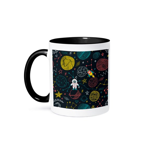 3drose, Astronaut in Space, Rocket, Planets, and Stars, Primary Colors, 11oz Two-tone Black Mug