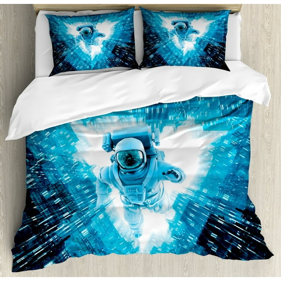 Astronaut King Size Duvet Cover Set, Space Man Diving Into the Core Various Geometric Shapes and Triangle Space Adventures, Decorative 3 Piece Bedding Set with 2 Pillow Shams, Blue, by Ambesonne