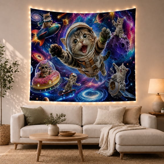 Astronaut Kitten Floating Through Outer Space, Playful Celestial Style for Cat Lovers, Cat Wall Art, Birthday Gift, Tapestry Wall Hanging for Bedroom, Living Room and Dorm