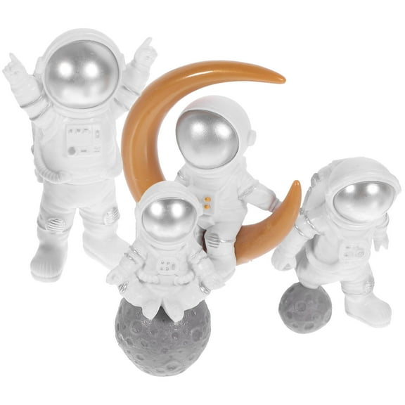 LULULION Astronaut Figurine Resin Statue for Decoration Silver Color Cartoon Design 4 Pieces