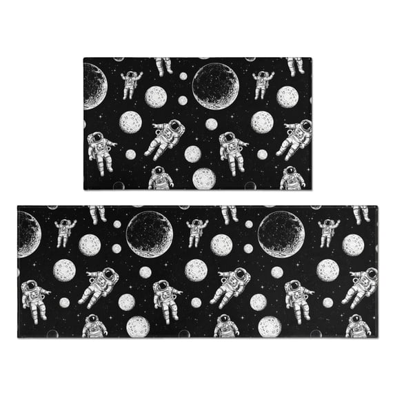 Astronaut and Moon Black Pattern Anti Fatigue Kitchen Rugs Set Of 2, Non Slip Washable Decorative Floor Mats for Kitchen Sink Laundry, 17"x30" and 17"x47"
