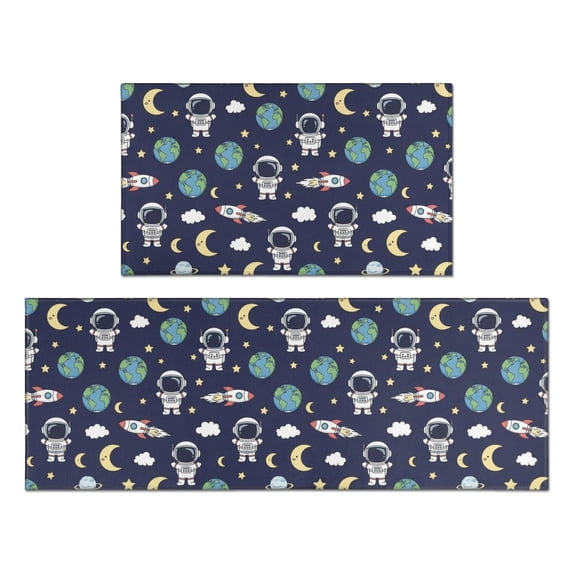Astronaut and Moon Blue Pattern Anti Fatigue Kitchen Rugs Set Of 2, Non Slip Washable Decorative Floor Mats for Kitchen Sink Laundry, 17"x30" and 17"x47"