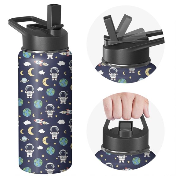 Astronaut and Moon Blue Pattern Insulated Water Bottle with Straw, Vacuum Insulated Portable Hydration Bottle Built-in Carry Handle Gifts Ideas for Birthday Holiday Party