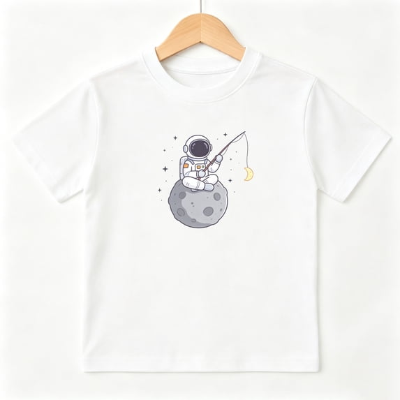 Astronaut Moon Fishing Boys Graphic Tees Space Kids T-Shirt 100% Cotton Short Sleeve Tops Ages 4-13Y