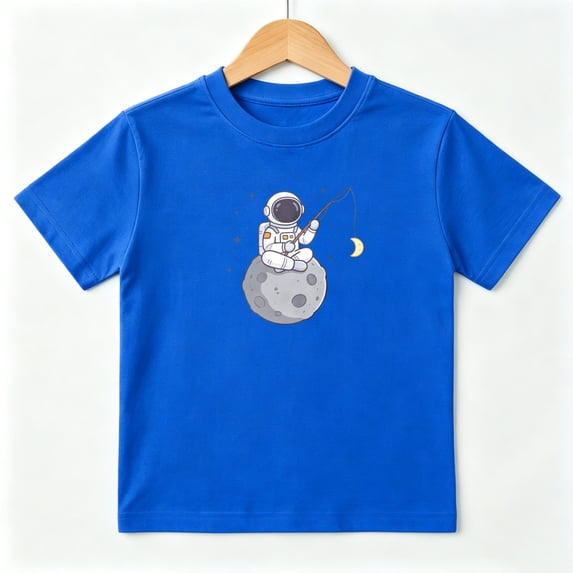 Astronaut Moon Fishing Boys Graphic Tees Space Kids T-Shirt 100% Cotton Short Sleeve Tops Ages 4-13Y