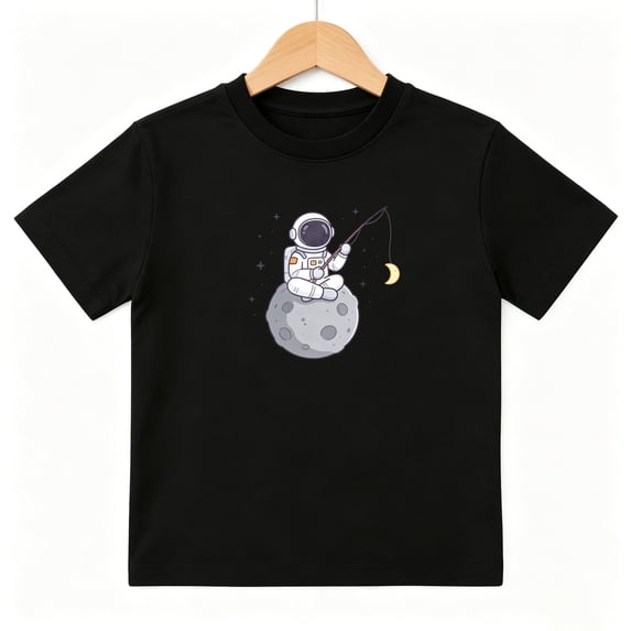 Astronaut Moon Fishing Boys Graphic Tees Space Kids T-Shirt 100% Cotton Short Sleeve Tops Ages 4-13Y
