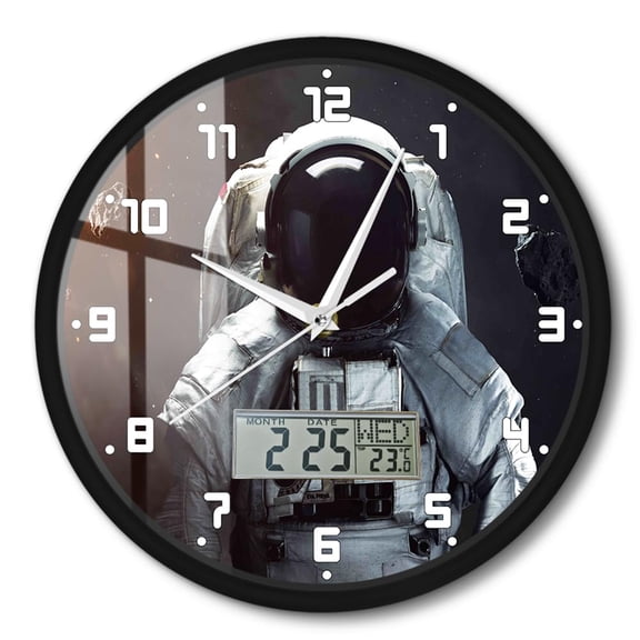 Astronaut on Moon Science Fiction Universe Planet Spaceman Wall Clock with Analog Date LCD Display,Astronaut Space Themed Home Decor Silent Quartz Sweep 12'' Metal Frame Round Clock