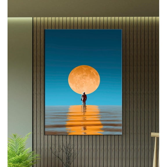 Astronaut Moon, Surreal Space Wall Art, Orange Moon Print, Modern Sci,Fi Poster, Astronaut Decor for Living Room or Office, Size 12x18 UNFFRAMED F03.1.8l1487