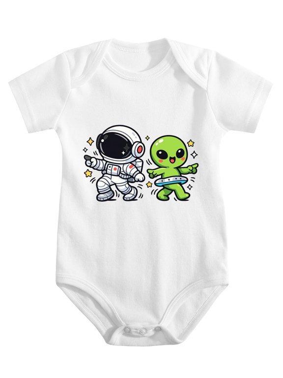 Astronaut Moonwalking With Aliens On Moon Baby Bodysuit, 100% Cotton Short Sleeve Snap Romper, 0-12 Months