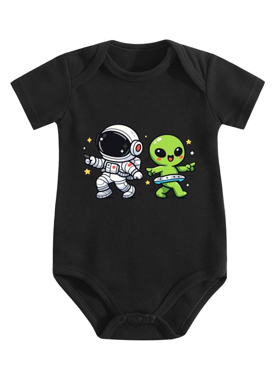 Astronaut Moonwalking With Aliens On Moon Baby Bodysuit, 100% Cotton Short Sleeve Snap Romper, 0-12 Months