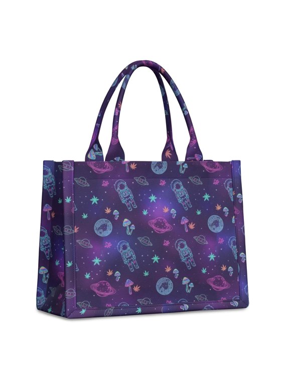 Astronaut and Mushroom Purple Pattern Tote Bag, Laptop Carry Tote with Interior Pockets & Top Handle, Smooth Zipper Gifts for Women Men,15.7 X 5.1 X 13 Inches