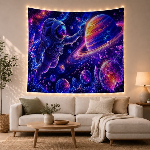 Astronaut in Nebula With Ringed Planet Adventurous Digital Art for Space Lovers Galaxy Wall Decor Birthday Gift Tapestry Wall Hanging for Bedroom and Gaming Room
