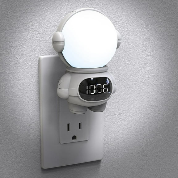 Astronaut Night Light, Kids Night Light Plug-in with Clock and Remote Control, LED Dimmable Night Light with 3 Light Colors, Bright Wall Lamp and Small Wall Clock, Ideal Kids Gift, Bedroom Decor