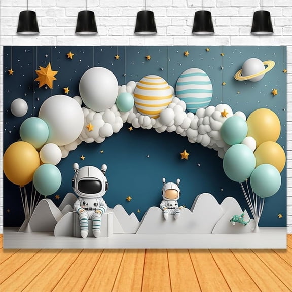 Astronaut Outer Space Birthday Backdrop for Boy Cloud Balloons Arch 1st Birthday Photography Background Baby Shower Party Decorations Banner Photo Booth Props