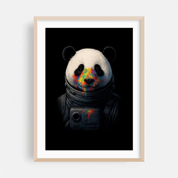 Astronaut Panda with Neon Paint Splash – Colorful Cosmic Art - Digital Art Astronaut Psychedelic Animal Surrealism Modern Art Space Wildlife Oak Framed Wall Art Print 20 x 30 inches