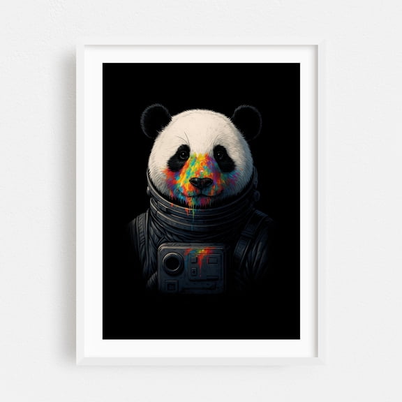 Astronaut Panda with Neon Paint Splash – Colorful Cosmic Art - Digital Art Astronaut Psychedelic Animal Surrealism Modern Art Space Wildlife White Framed Wall Art Print 12 x 18 inches