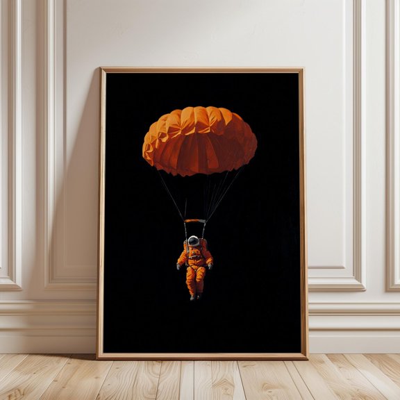 Astronaut Parachute Art Print Orange Spacesuit Deep Space Decor, Unframed Paper Print