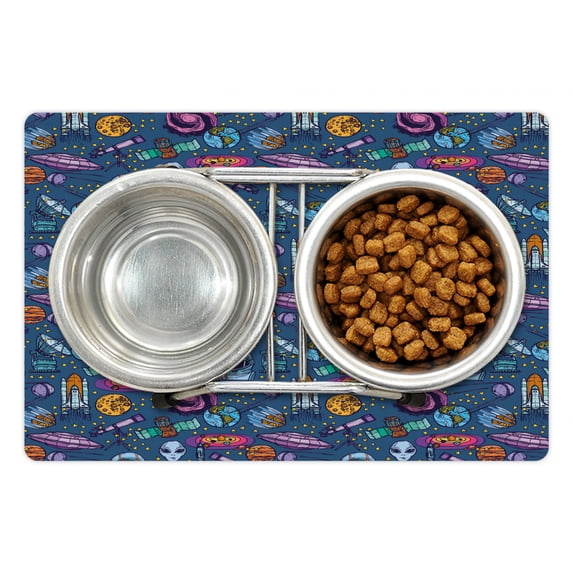 Astronaut Pet Mat for Food and Water, Colorful Astronomical Sketch Stars Planets Outer Space Elements, Non-Slip Rubber Mat for Dogs and Cats, 18" X 12", by Ambesonne