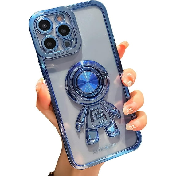 Astronaut Phone Case for iPhone 13,Luxury Plating Clear Cute Case with Hidden Stand Ring Holder,Blue,6.1 Inch