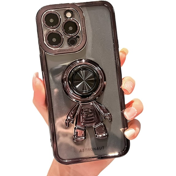 Astronaut Phone Case for iPhone 14 Pro Max,Luxury Plating Clear Cute Case with Hidden Stand Ring Holder,Black,6.7 Inch