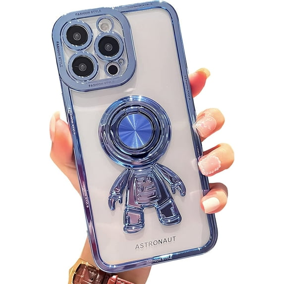 Astronaut Phone Case for iPhone 14 Pro Max,Luxury Plating Clear Cute Case with Hidden Stand Ring Holder,Blue,6.7 Inch