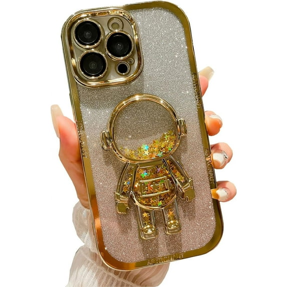 Astronaut Phone Case for iPhone 14,Cute Astronaut Colorful Star Sequin Liquid Quicksand Phone Case Luxury Glitter Bling 6D Electroplated Soft TPU Protector Gold