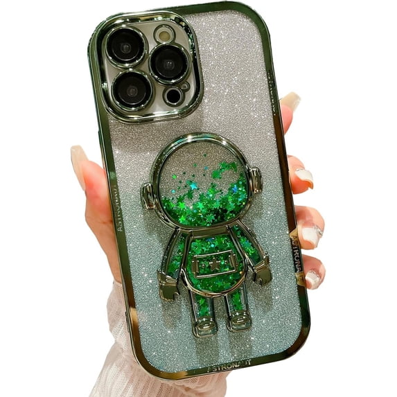 Astronaut Phone Case for iPhone 14 Pro Max,Cute Astronaut Colorful Star Sequin Liquid Quicksand Phone Case Luxury Glitter Bling 6D Electroplated Soft TPU Protector Green