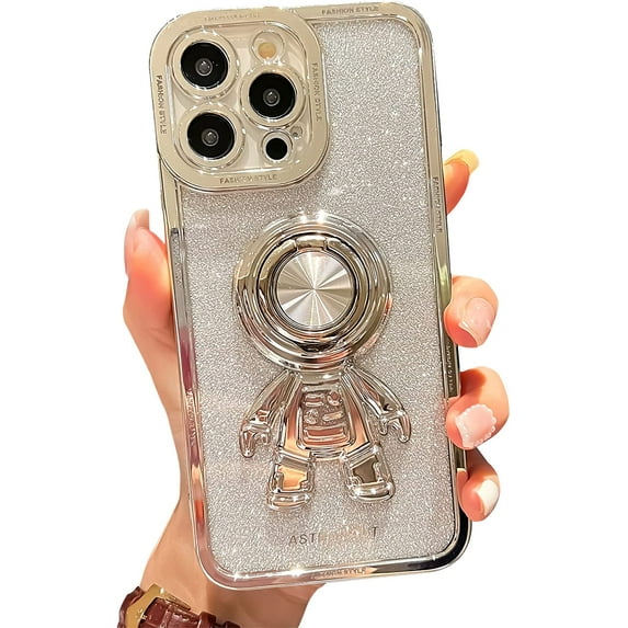 Astronaut Phone Case for iPhone 14 Pro Max Glitter,Luxury Bling Sparkly Shiny Clear Plating Case with Hidden Stand Ring Holder Soft Cover for Women Girly,White Bling,6.7 Inch