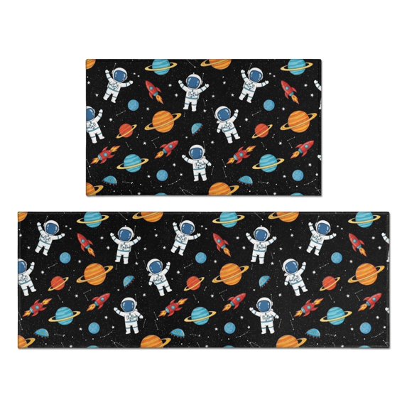 Astronaut and Planet Black Pattern Anti Fatigue Kitchen Rugs Set Of 2, Non Slip Washable Decorative Floor Mats for Kitchen Sink Laundry, 17"x30" and 17"x47"
