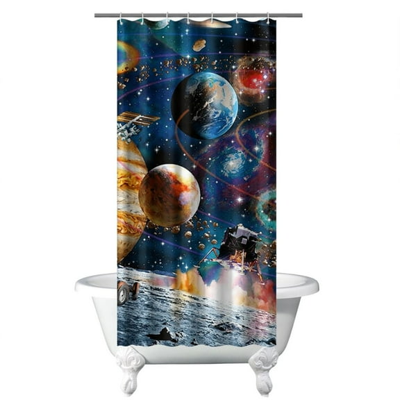 Astronaut Planet Shower Curtain Galaxy Themed Starry Night Sky Design Fade-Resistant Polyester 36" x 72"
