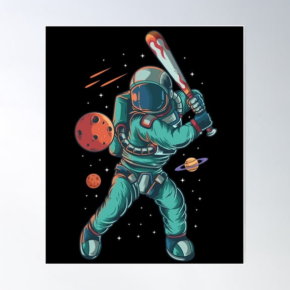Astronaut Playing Baseball Poster Wall Art, Modern Wall Decor For Living Room Bedroom, 12x18 UNFRAMED